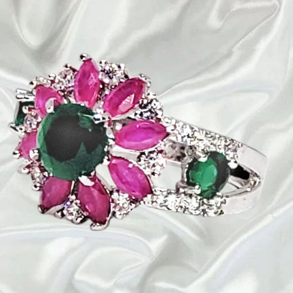 Sterling Silver Ring with Faux Emeralds & Rubies Ring
